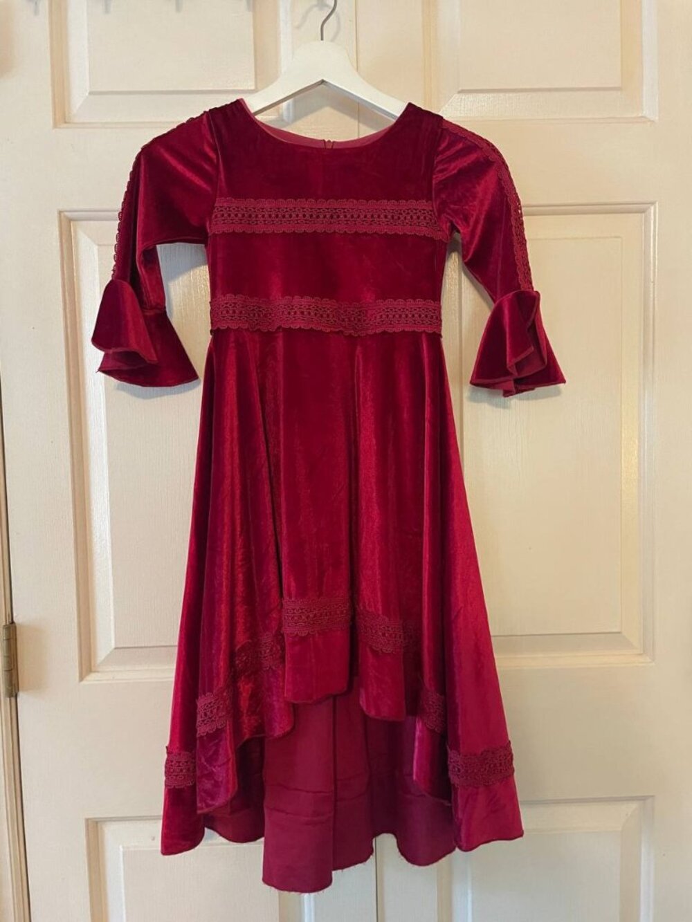 Trish Scully Child Cranberry Velvet High-Low Dress Lace Trim & Bell burgundy